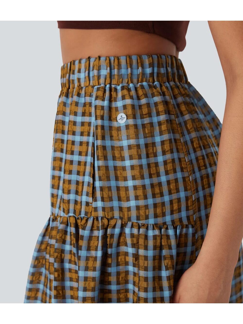 Halara High Waisted Pocket Wide Leg Flowy Plaid Casual Pants Blue Brown Size L - Picture 7 of 9